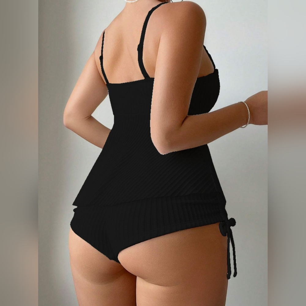 Textured Drawstring Spaghetti Strap Two-Piece Swim Set - Picture 2 of 5
